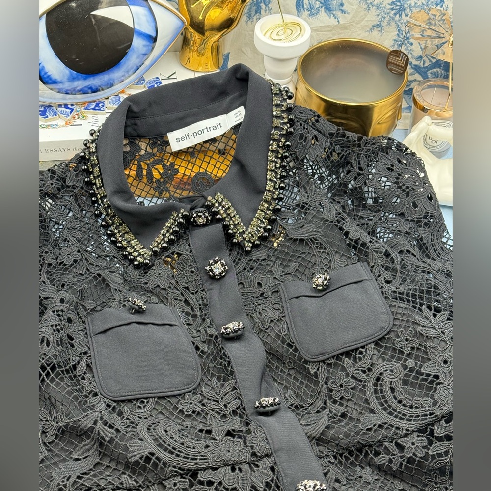 🆕 SELF PORTRAIT 🧿 NWOT Black Lace Button Front Mini Dress, Sz UK 14 US 10 - Picture 15 of 17